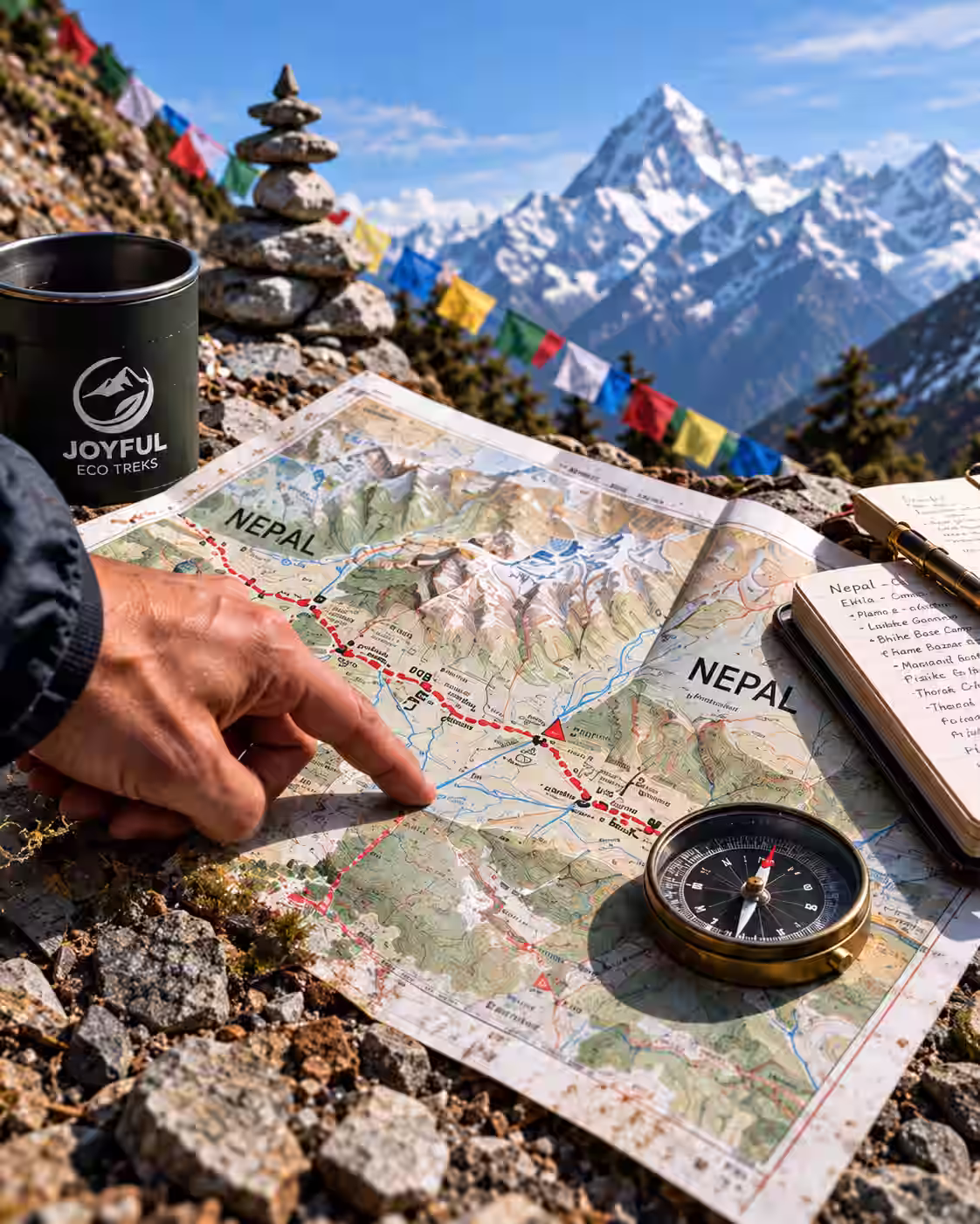 A trekker planning a Nepal route on a map with the Himalayas behind