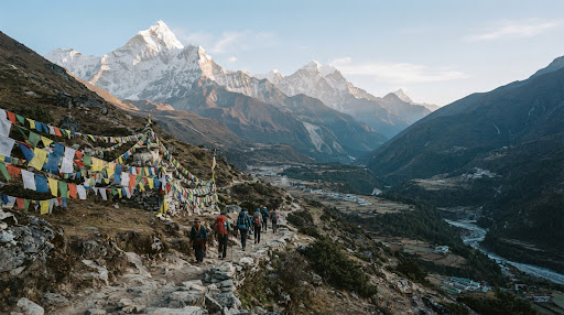Hikers on a Himalayan trail with mountain peaks behind them